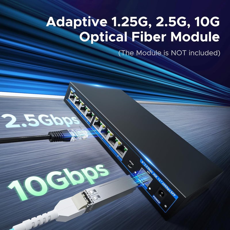 TEROW 8-Port 2.5Gb PoE+ Switch with 1*10Gb SFP+ Uplink, 9*2.5G Network, 60Gbps Switching Capacity, Base-T, IEEE802.3af/at, 120W, 30W Per Port, Metal Fanless,Desktop/Wall Mount For Wifi 6 AP, IP Camera - Image 5
